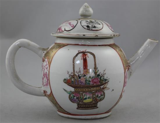 A Chinese export famille rose globular teapot, Qianlong period, 14.5cm., some damage